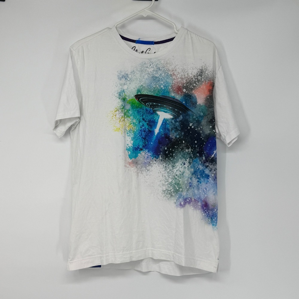 Robert Graham Mens UFO Galaxy Watercolor Graphic T-Shirt‎ White Size M Medium